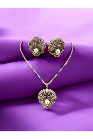 FUYA JEWELLERY Zirkon Taşlı İnci Detaylı Midye Kolye, Küpe Set