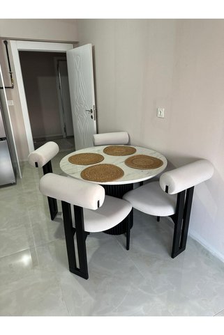SEZBİL 4 lü Mermer Görünüm Glossmaks Masa Takımı ve Tombak Sandalye