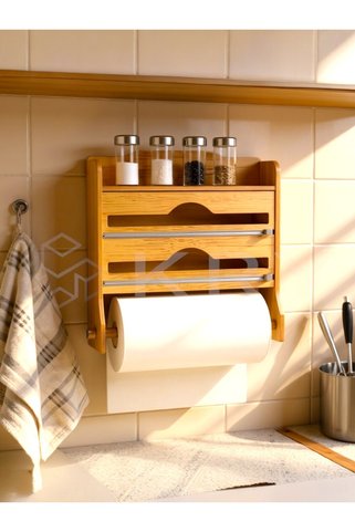 KRY Bambu Raflı Streç Folyo Kesme Kutusu ve Kağıt Havlu Askılığı – Mutfak Organizeri 40x27x9 cm