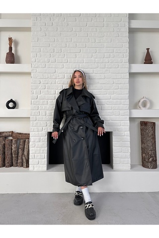 Ekim Store Yeni Sezon Kruvaze Kemerli Oversize Uzun Deri Trençkot
