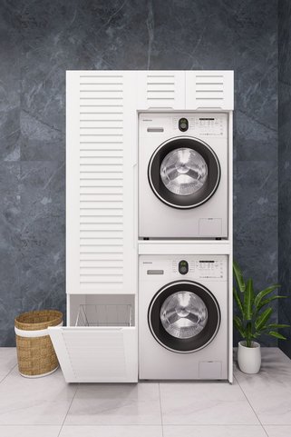 DEMİRBAL MOBİLYA Mdf Çamaşır Makinesi ve Kurutma Makinesi Dolabı kapaklı sepetli lake panjur kapak