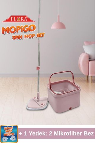Flora Mopigo Spin Mop Set, Kare Döner Başlıklı Islak Kuru Temizlik Mop Seti (1 Yedek Bez Hediyeli) Pembe