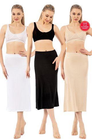 ÖZKAN underwear Özkan 26975 3'lü Paket Kadın Viskon Kumaş Karışık Renk Diz Altı Uzun Etek Elbise Astarı Jüpon Kombin