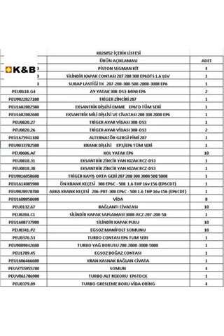 K&B Motor Revizyon Orjinal Kit Ep6td Turbolu (piston+kol Yatak+eksantrik Zincir Seti+s.k.c+keçe+)