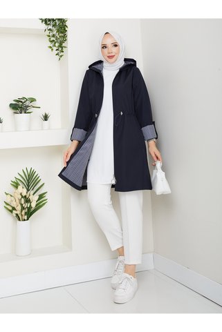 RACE FASHİON Çizgi Desenli Bondit Kumaş Beli Lastikli Kapüşonlu Tesettür Trençkot RC905010