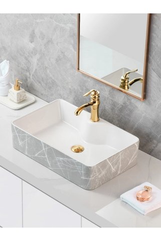 yedix yapı Mermer Desenli Tezgah Üstü Seramik Çanak Lavabo Banyo Lavabosu