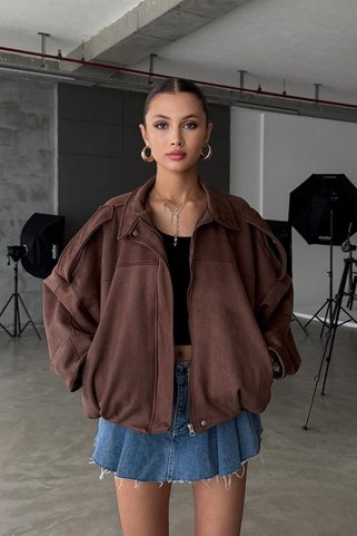 NET OF NOT Oversize Kadın Bomber Acı Kahve Süet Deri Ceket