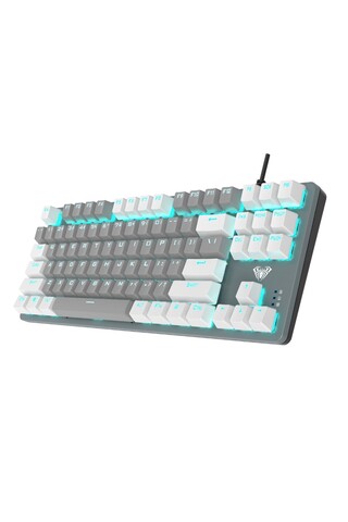 Aula F3287 Mavi Işıklı Kablolu Mekanik İngilizce Q TKL Gaming Oyuncu Klavyesi Gri