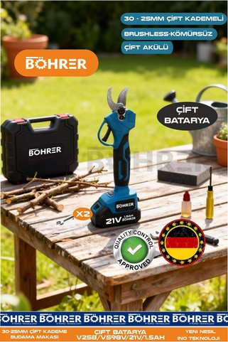 BÖHRER ALMAN DESİGNE ÇİFT KADEMELİ 30MM ÇİFT AKÜLÜ KÖMÜRSÜZ YENİ İNOVASYON ŞARJLI DAL BUDAMA MAKASI