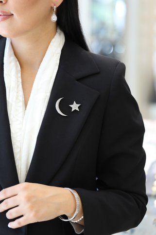 Fatma yaşar.tr Gümüş Renk Altın Kaplama Ay Yıldız Broş