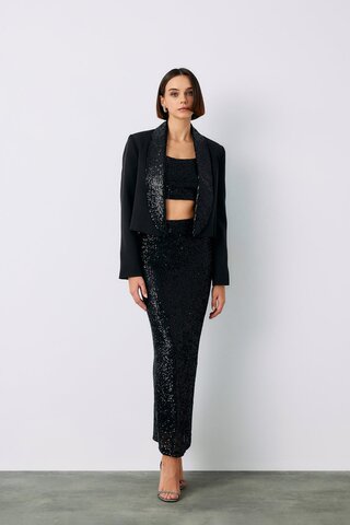 Sateen Pul Payetli Midi Etek - SİYAH