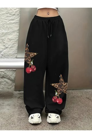 Machetta Kadın Leopar Yıldız Cherry Baskılı Jogger Rahat Kesim Eşofman Altı