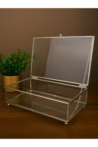 moryconcept Cam Metal Çerçeveli Sunumluk Kapaklı Sandık, Çikolata Şeker Ve Takı Kutusu 25x15x7 cm Gümüş Renk
