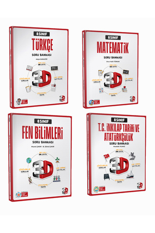 3D Yayınları 8. Sınıf Türkçe, Matematik, Fen Bilimleri, T.C İnkılap Tarihi Soru Bankası (4 Kitap)