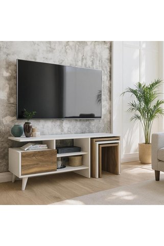 Dekorister Nature Zigon Sehpalı Tv Ünitesi/Düşer Kapaklı Raflı Tv Sehpası - Beyaz Ceviz