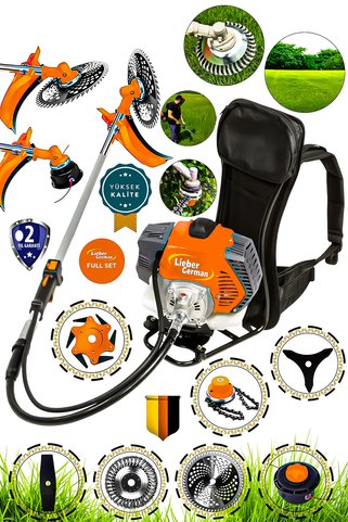 Lieber German 8 In 1 DHCV Benzinli Sırt Tipi Ot Çalı Çim Biçme Tırpan Makinesi & Bahçe Taş Temizleme Seti