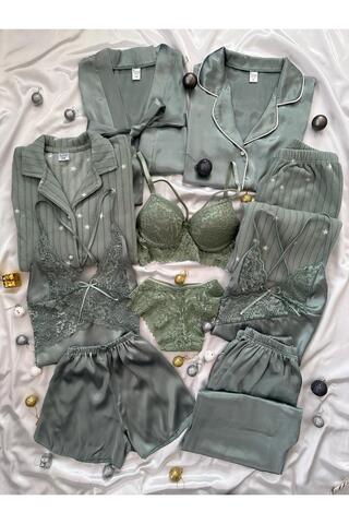 Lena Homewears Çağla Saten Kutulu 10 Parça Dev Pijama Gecelik Sabahlık Iç Giyim Çeyiz Seti