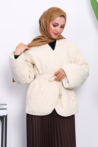 İmajButik Krem Kapitone Kuşaklı Astarlı Ceket