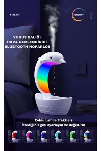 Fırsat7 Yunus Balığı Hava Nemlendirici Bluetooth Hoparlör 400ML Damlacıklı RGB Ledli Gece Lambası Buharlık
