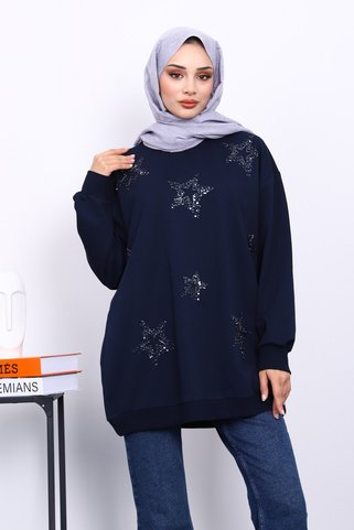 İmajButik Lacivert Bisiklet Yaka Taşlı Modal Sweatshirt