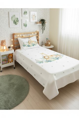 Evmila Orman Hayvanları Desenli Bebek Ve Çocuk Baskılı Tek Kişilik Pike Takımı 160x230 Beyaz