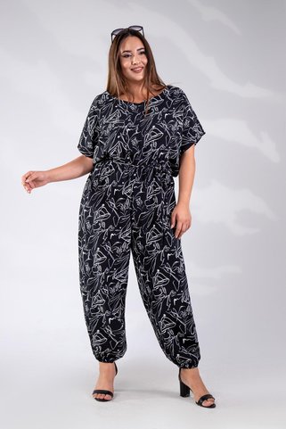 Roxxlen 333482 Kadın Büyük Beden Beli Lastikli Desenli Tulum Siyah