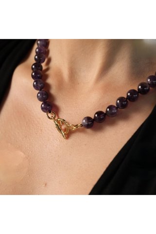ByNeval Doğal Ametist Taşlı Kolye – 10 mm Mor Taşlı El Yapımı Minimalist Choker