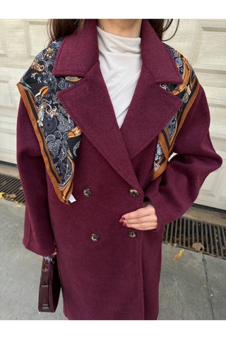 manana fashion Bordo Oversize Kruvaze Kaşe Uzun Kaban - 7057