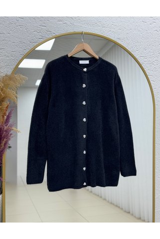 BENAHOLL Adora Kalp Düğmeli Sakallı Hırka-KR3198 Siyah