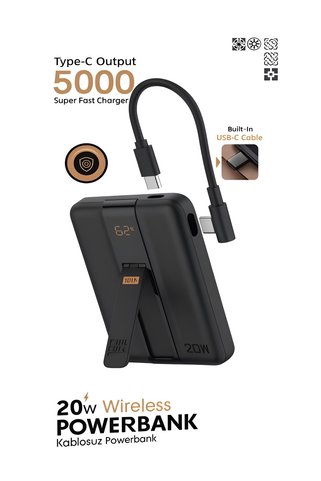 DEANB 5000mAh 20W Hızlı Şarj Dijital Gösterge Kablosuz Magsafe Powerbank Type-C Kablolu/Girişli Standlı
