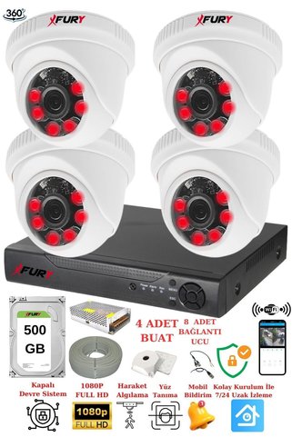 FURY 4 Kameralı 5mp 3.6mm Lens 2mp Görüntü 6 Atom Led Gece Görüşlü FullHd Güvenlik Kamerası 1412A 50