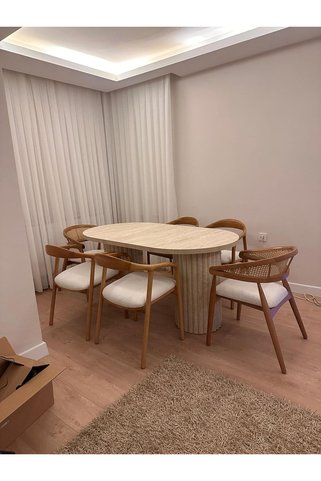 SEZBİL YEMEK ODASI MASA TAKIMI TRAVERTEN MASA BOHEM SANDALYE AHŞAP MASA TAKIMI