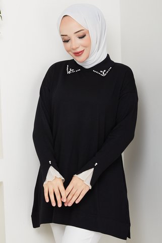 Kadın Kol Ağzı Dantel Detaylı Merserize Triko Tunik