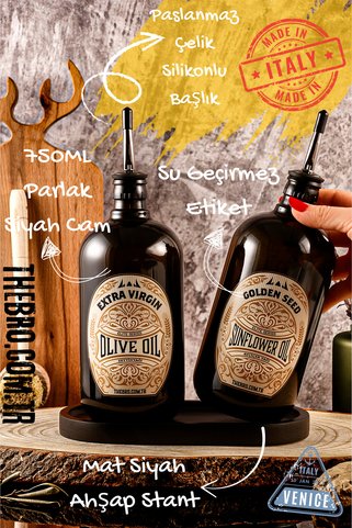 TheBRo 750ML Mat Siyah Ahşap Stantlı Black Elite Serisi Zeytinyağı Şişesi ve Ayçiçek Yağı Şişesi Yağdanlık