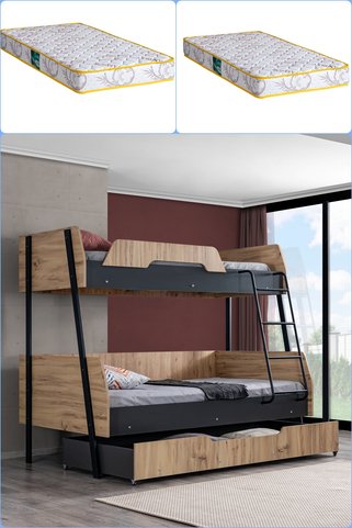 Setay Ranza, Alba Geniş Yavrulu Ranza, 120x200 cm - 90x200 cm - Ceviz-Antrasit + 2 Comfort Yatak