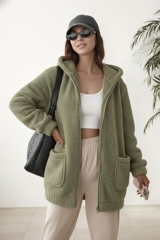 HİRAMİR Peluş Kuzu Kıvırcık Torba Cepli Kolej Mont