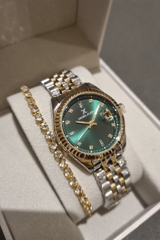 Daniel Klein YENİ MODEL DK - Sarı Bicolor Çelik Bilezik Yeşil Kadran Kadın Kol Saati+hediye Bileklik
