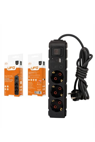 UFO Akım korumalı grup priz 5.0 mt kablolu anahtarlı siyah 3 lü ve USB+type-c şarj aleti 3000 watt