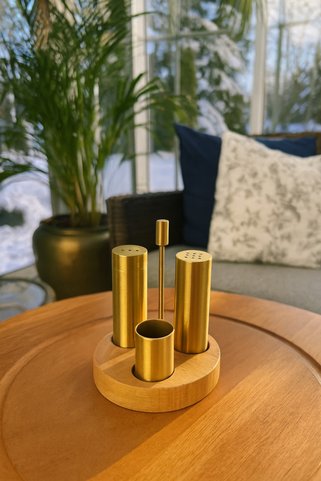 Davet Paslanmaz Çelik Gold Tuzluk-Biberlik- Kürdanlık Ahşap Standlı Gold Tuzluk-Biberlik-Kürdanlık Gold