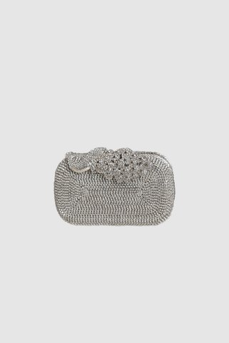 Mozto Peaco Gümüş Tavus Kuş Detaylı Taşlı Clutch Abiye Çanta