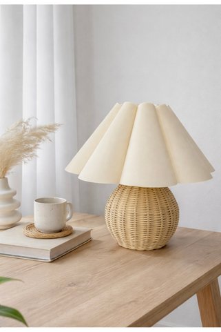 burenze Modern Abajur Fico Krem Kumaş Hasır Rattan Bambu Gövde Masa Lambası