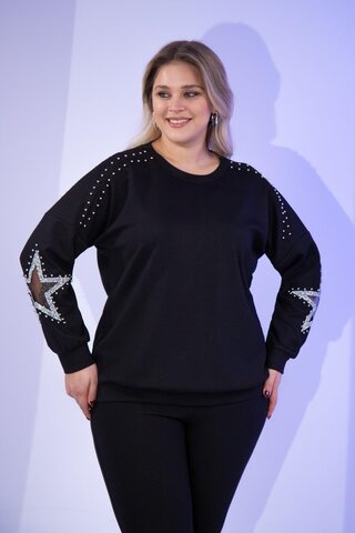 Roxxlen Büyük Beden Yıldız Taşlı Sweat Beyaz