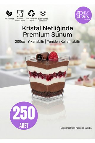 bkistanbul Prizma Mini Tatlı Kabı 250 Adet Şeffaf Plastik Sunum Kupası Tatlı, Magnolya, Puding İçin 250'li Kap