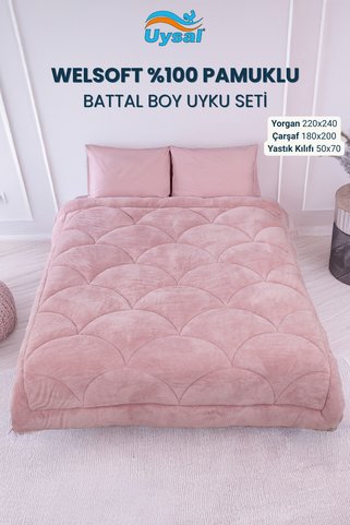 UYSAL WELSOFT AKFİL MİDYE DESEN BATTAL BOY UYKU SETİ PUDRA 220x240