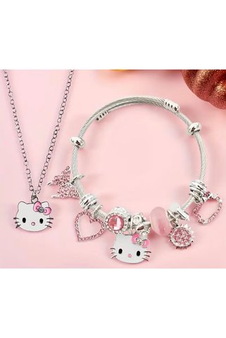 La Saade Y2k Hello Kitty Pembe Kalpli Taşlı Charmlı Kolye Ve Bileklik Seti