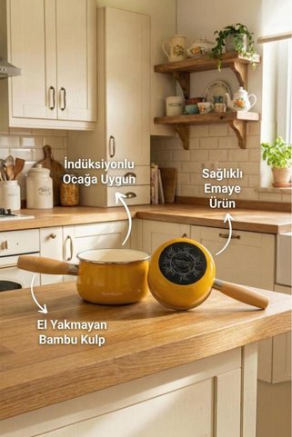 Bambum Nostalji - Ahşap Saplı Emaye Tava Sosluk Sütlük Hardal 14 Cm