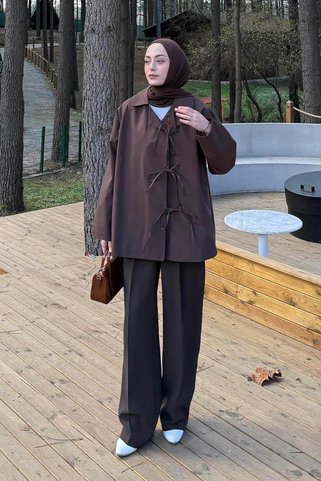 lamelif Fiyonk Detaylı Trençkot Acı Kahverengi