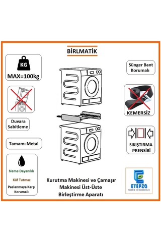 etepzo Kurutma Makinesi ve Çamaşır Yıkama Makinesi Üst-Üste Birleştirme Aparatı Metal&Kemersiz BİRLMATİK (Gri)