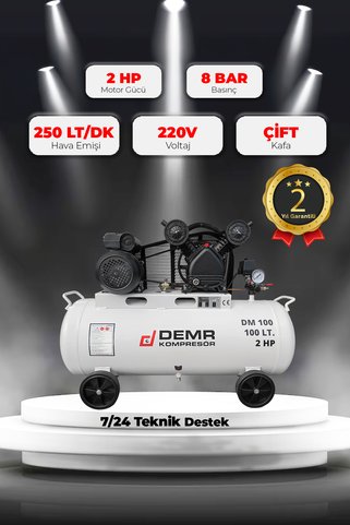 Demr Kompresör Hava Kompresörü Pistonlu 100 Lt 2 Kafa 8 Bar 2 Hp IDM100