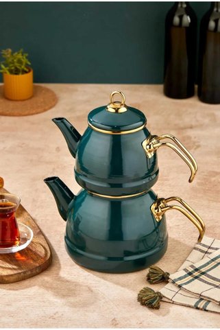 Home Emaye Özel Tasarım Yapışmaz Yüzey Büyük Boy Demlik Seti Emaye Çaydanlık | Üst 1.4 L – Alt 2.6 L